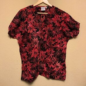 SCRUBS Women’s Short Sleeved Scrub Top Size L Black/Red Floral Pattern